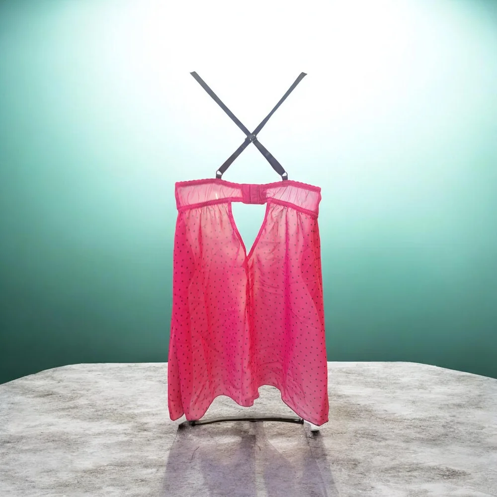 Chic Pink Polka Dot Chemise with Lace Detail Small. Valentines Day